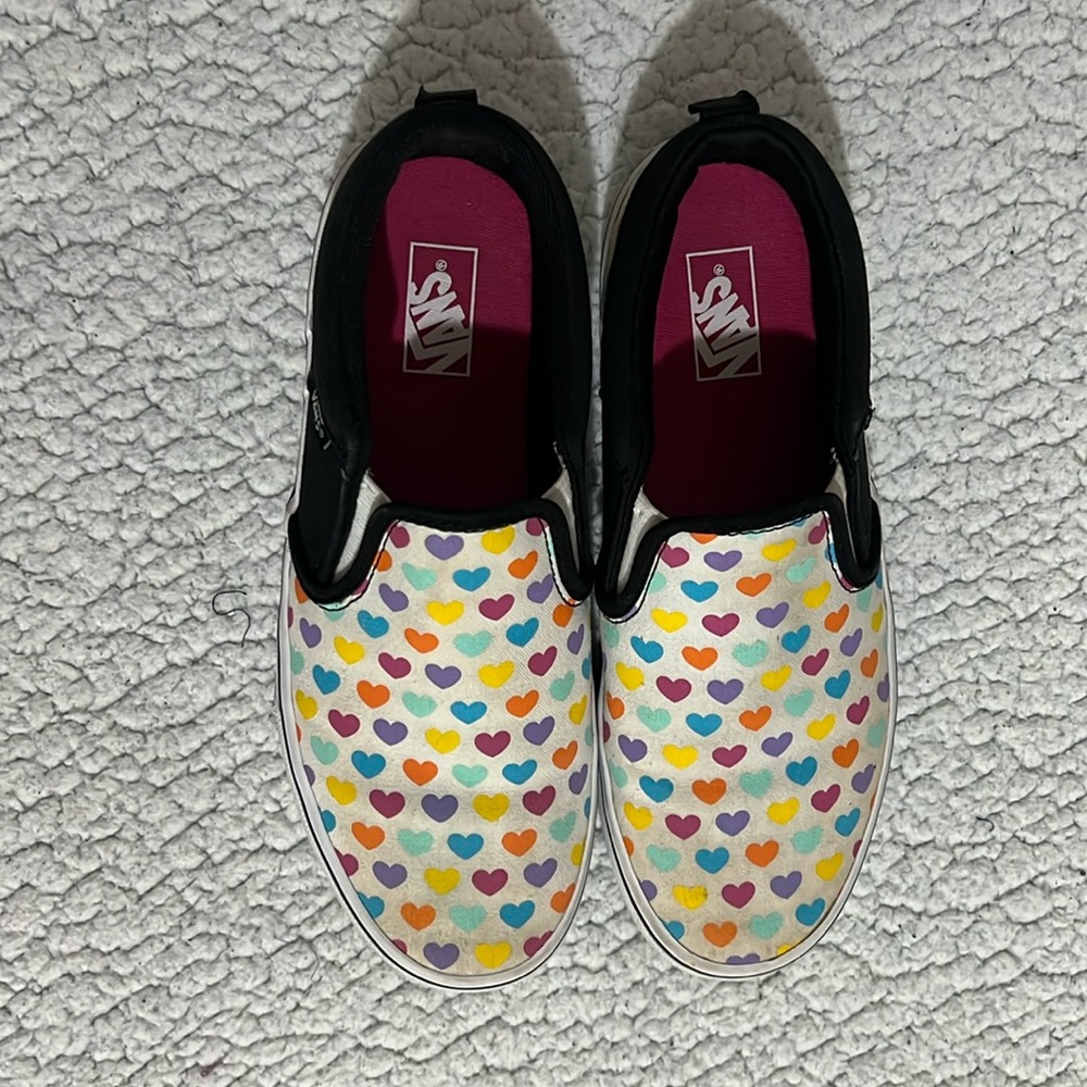 Vans Girl's Asher Hearts Multicolor Canvas Slip On Shoes - Size 6 Youth